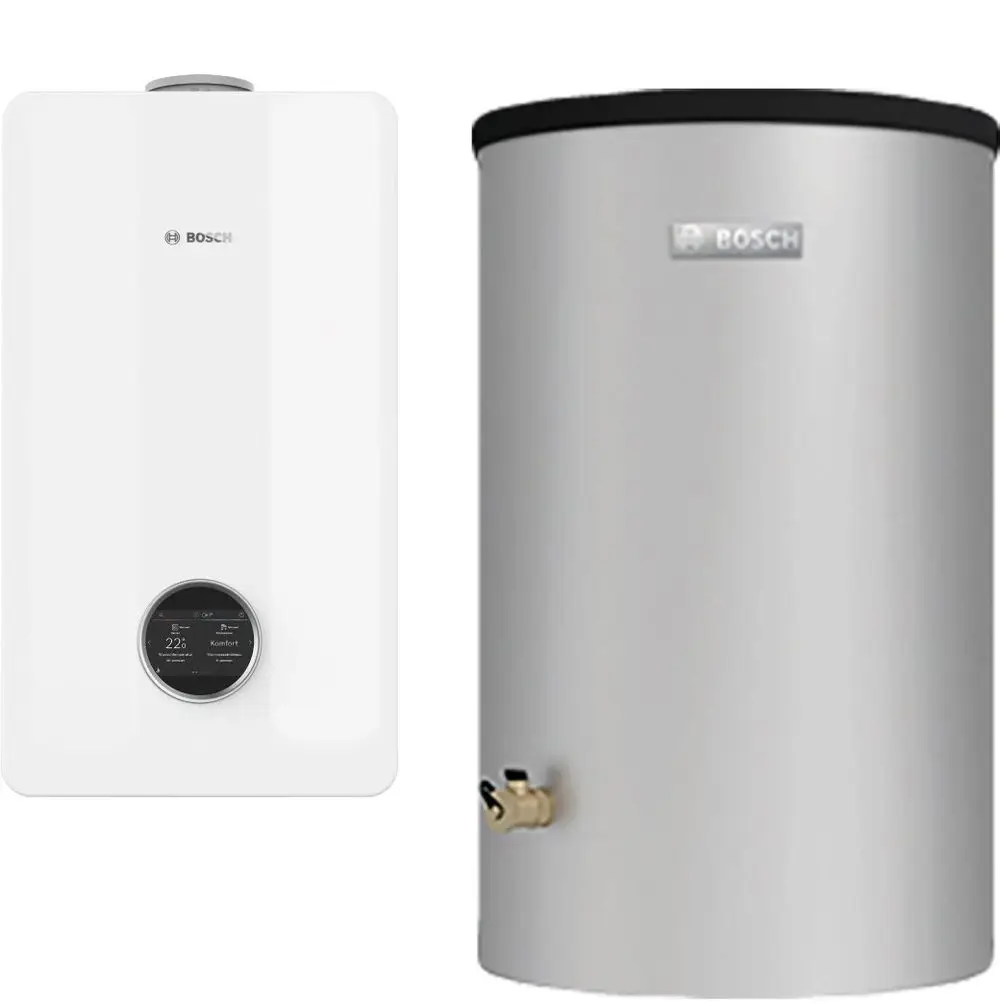 BOSCH Heizgerät und Pufferspeicher, mit einem kompakten, weißen Design auf der linken Seite und einem runden, silbernen Behälter auf der rechten Seite.